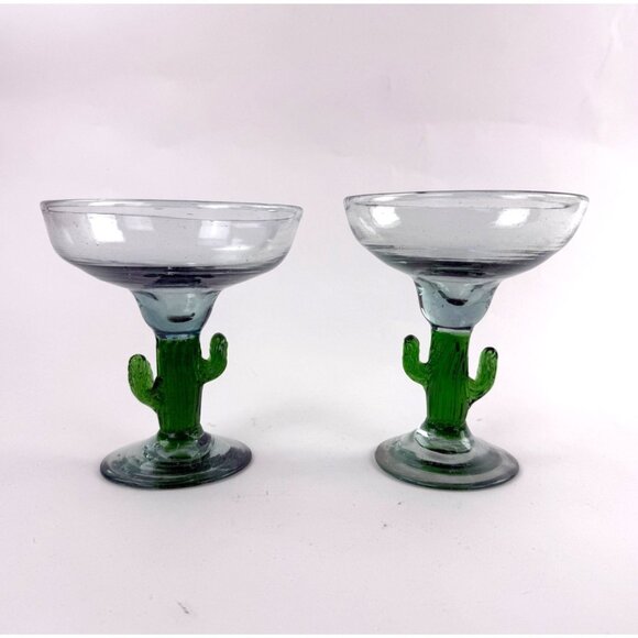 Mexican Cactus Margarita Glasses Hand Blown Green Stemmed Set Of 2 - Picture 1 of 8